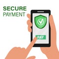 The design concept of secure payment. A hand holds a mobile phone with a secure payment button. Royalty Free Stock Photo